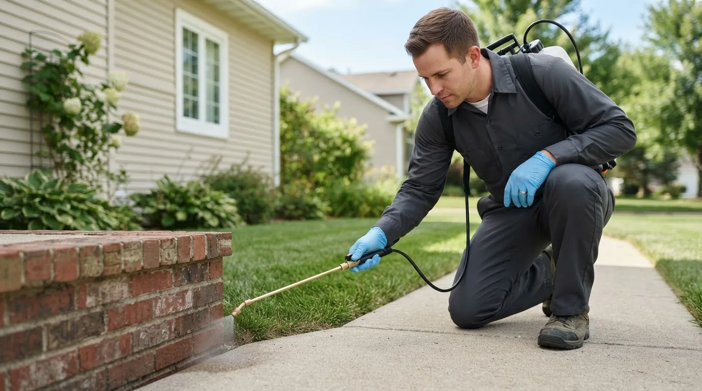 Pest control technician treating a home near Louvale, GA