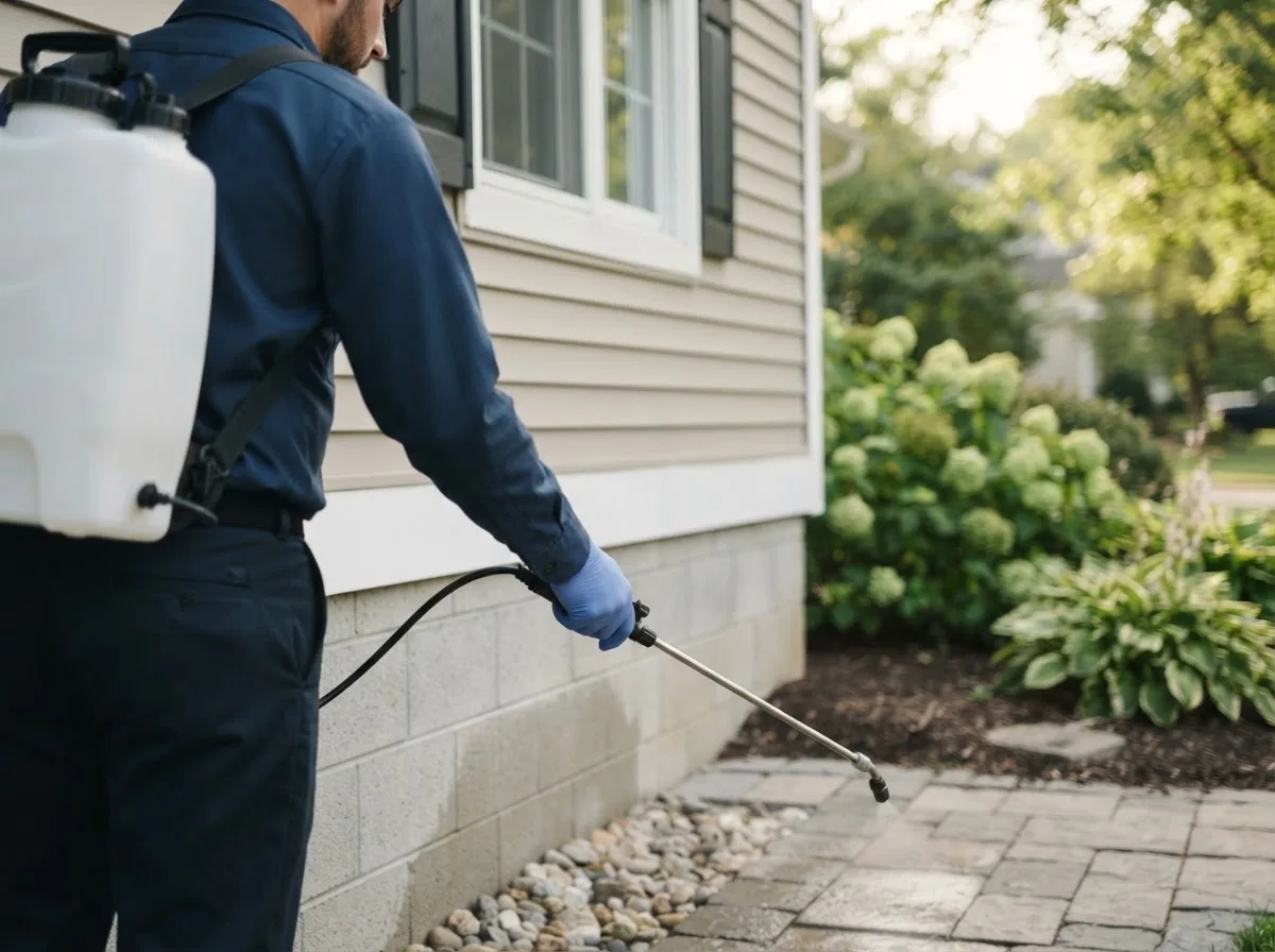 Pest control technician inspecting a home in Louvale, GA
